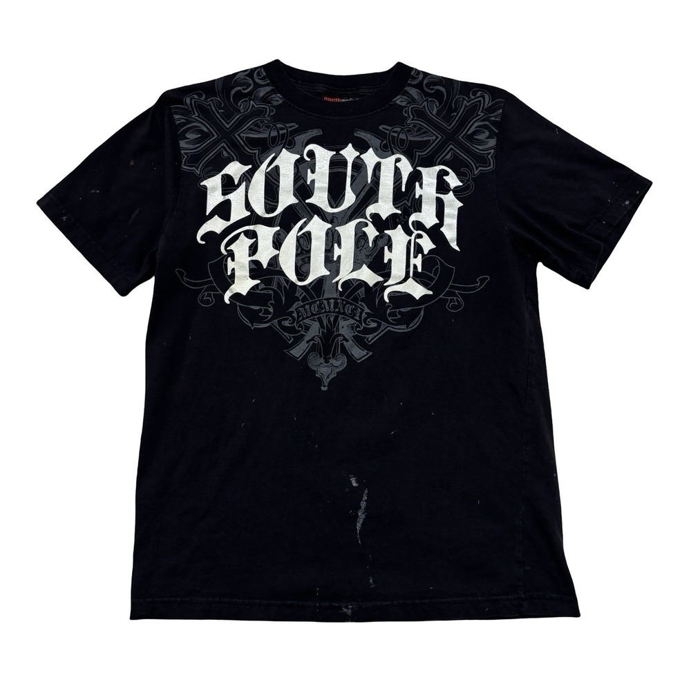Vintage Y2K Southpole Men's Grunge Gothic Graphic T Shirt Black Size Sm 18.5x26